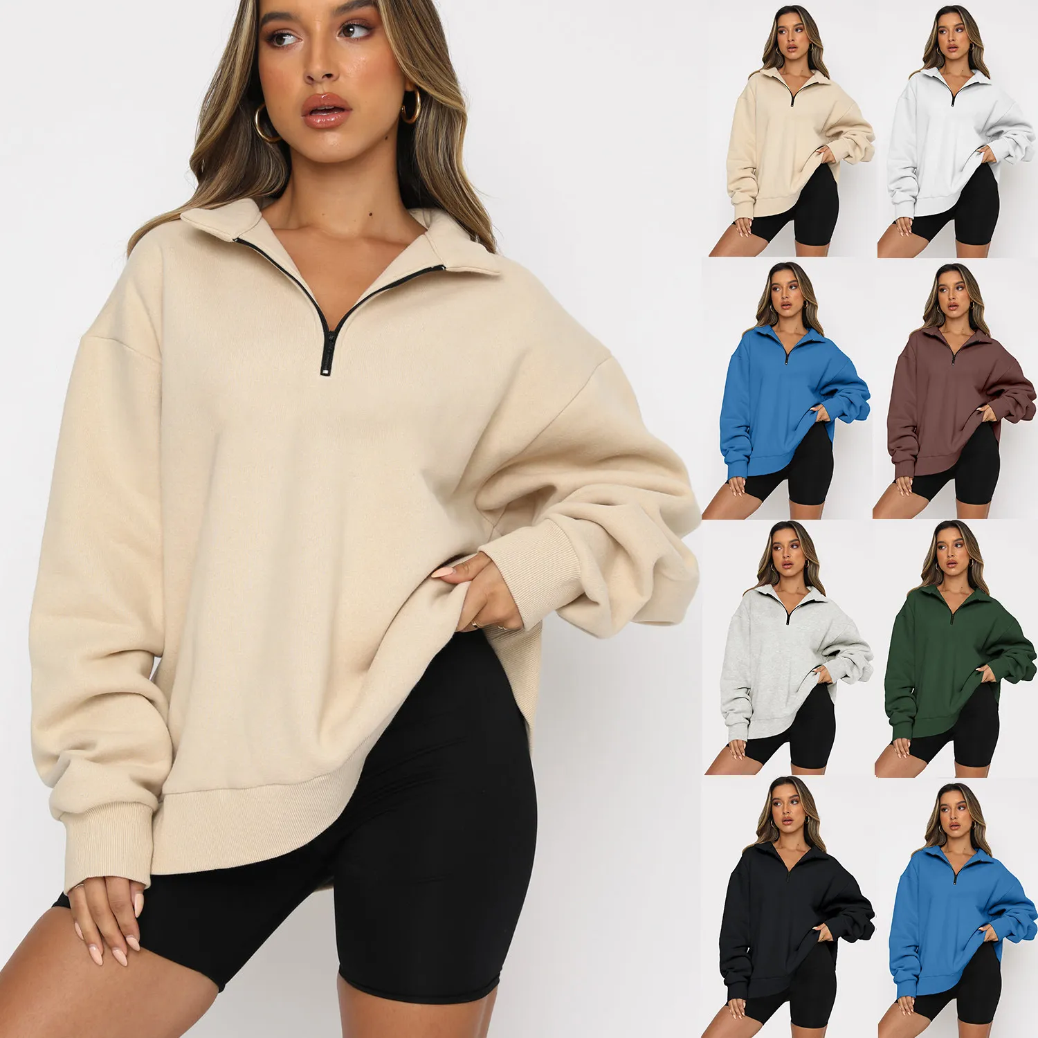 Femmes surdimensionné demi-fermeture éclair pull à manches longues sweat à capuche Vintage mode exercice survêtement basique pulls