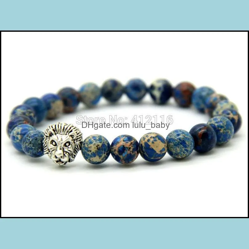 Charm Bracelets Wholesale 8Mm Blue Sea Sent Stone Beads Antique Sier Lion Head Bracelet Design High Grade Mens Jewelry Drop Delivery Dhwqs