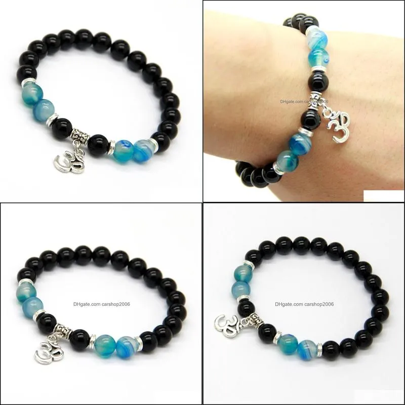 Charm Armbänder Design Perlen Männer Wrap Schmuck Großhandel 10 Teile/los 8mm Natürliche Schwarze Onyx Stein Perlen Om Yoga Armbänder Party Geschenk D Dh0Qk