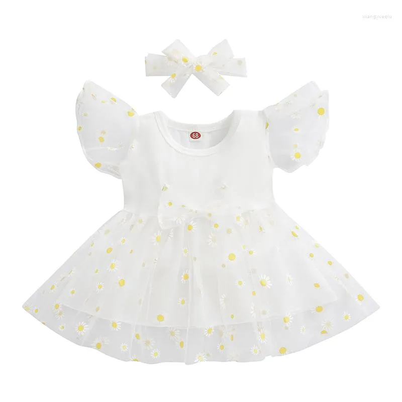 Flickaklänningar Baby Girls Princess Dress med pannband Rund nackhylsa Hög WASIT Patchwork Sunflower Print Mesh Set