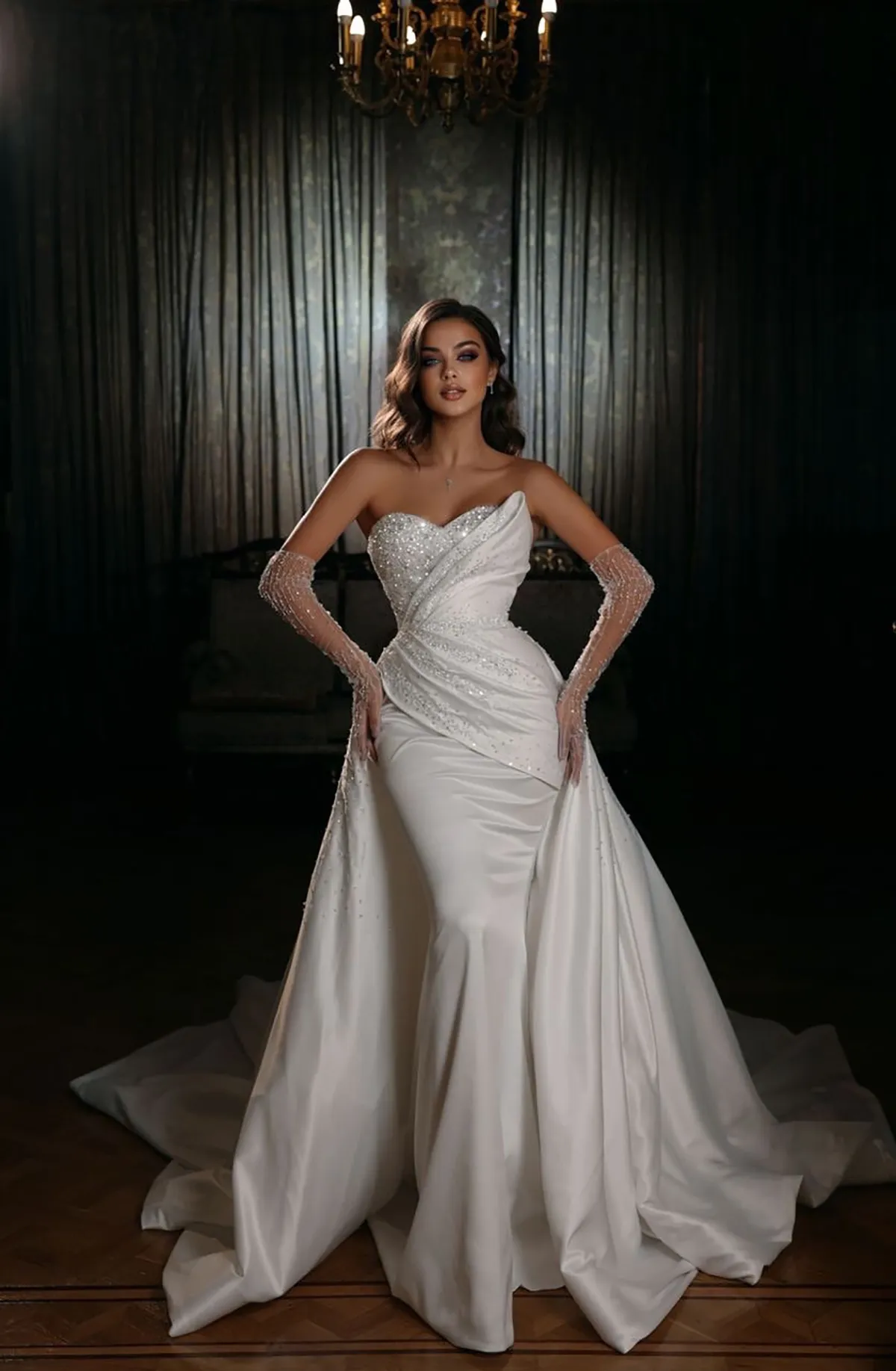 Elegant Mermaid Wedding Dresses Sweetheart Sleeveless Shining Cloth Stain Applicant Chapel Gown Removable Trailer Custom Made Plus Size Vestidos De Novia