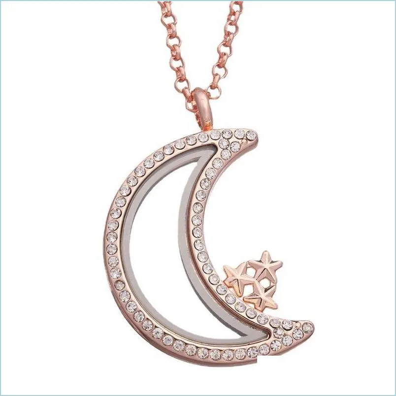 Pendanthalsband Crystal Star Moon Floating Locket Halsband Guldkedjor ￖppnande ￶ppet levande minne Pendant Diy Fashion Jewelry for Dhbey