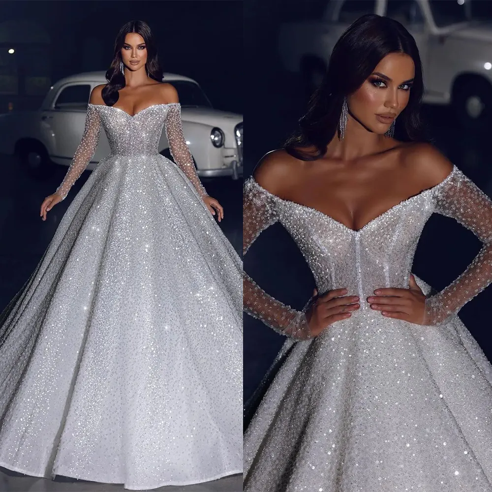 Abito da sposa scintillante Dubai A Line con paillettes e spalle scoperte Abiti da sposa a maniche lunghe Plus Size Vestidos De Novias