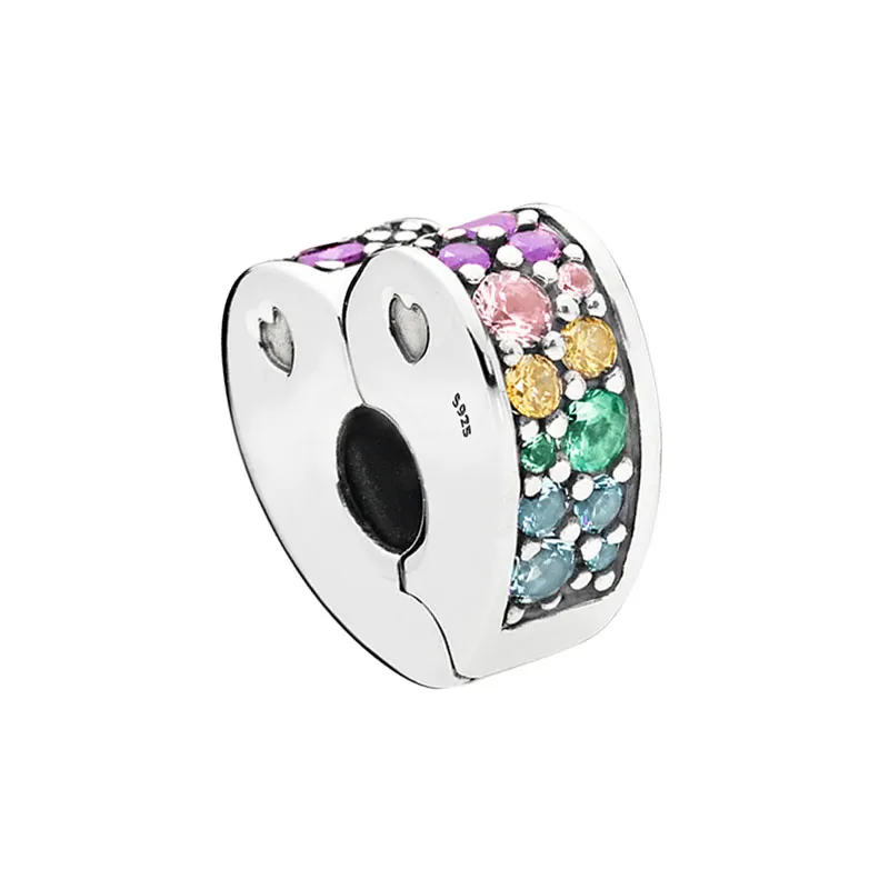 Pedra colorida Love Heart Clip Charm com caixa original para Pandora 925 Clipes de prata esterlina encanta feminina garotas pulseira de joias fazendo acessórios