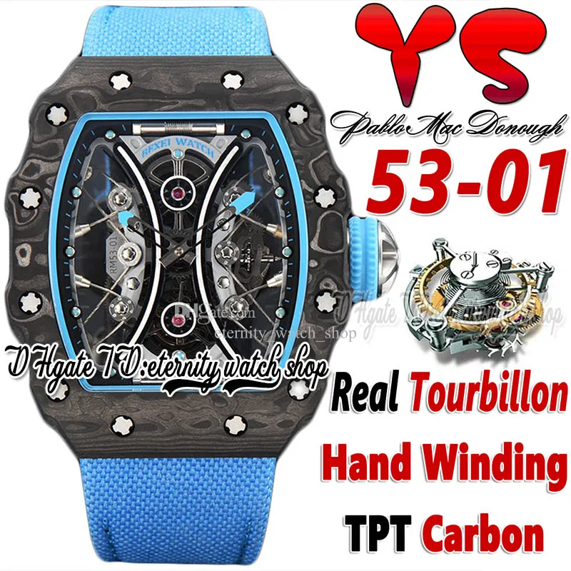 YS YSF53-01 MENS Watch Real Tourbillon Ręka Ręka Pablo Mac Donough TPT Fibre Fibre Dial Dial Blue Nylon Pasp 2022 V3 Super Edition Sport Eternity Watches