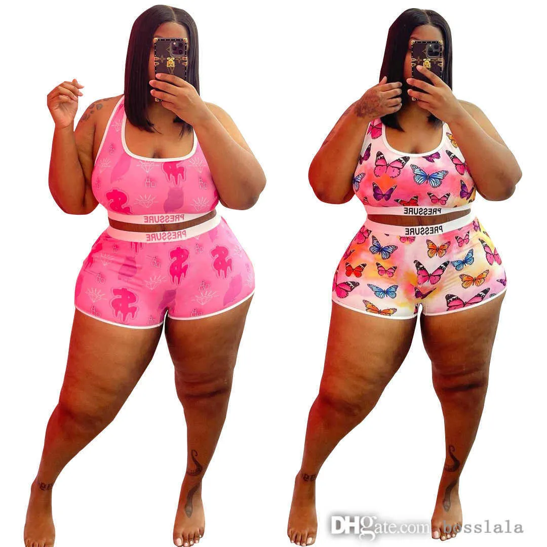 Retail plus storlek 5xl spårningsdräkter för kvinnor 2023 sommar ny rosa färg väst ärmlösa tryckta shorts två bitar set kvinnor kläder