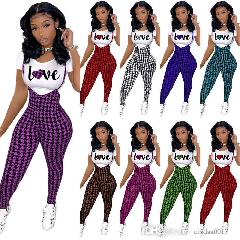 Womans Fashion Pants Outfits Pattern Printed Short Sleeved T-shirt And Suspender Jumpsuit Two Piece Jogger Set Valentine's Day Clothes