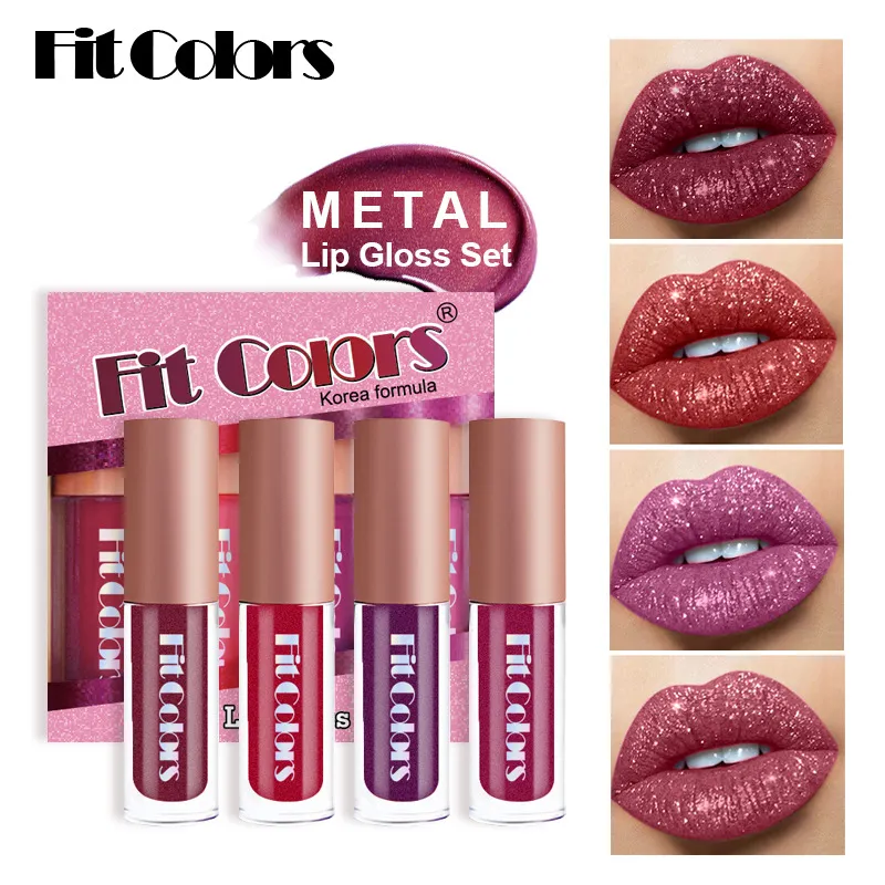 4pcs Pack Glitter Liquid Lip Gloss Lipstick Foundation Makeup Red Lipgloss For Girls and Women LG04