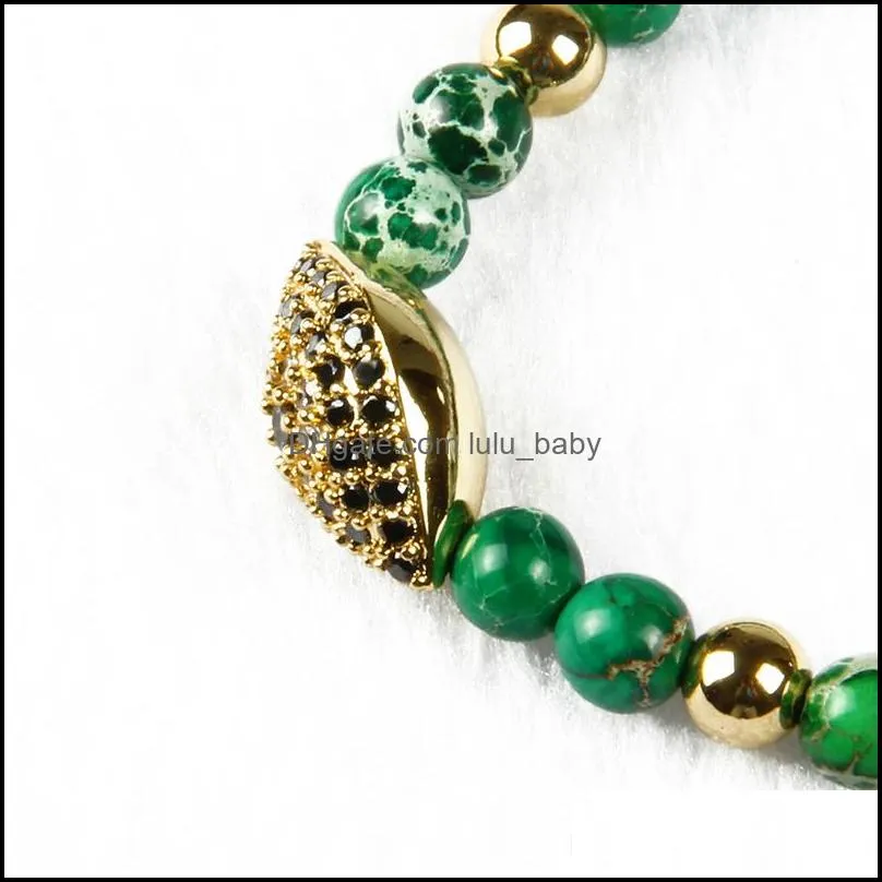 Charm Bracelets 종교 보석류 도매 마이크로 포장 검은 색 CZ Tukish Lucky Eye와 6mm 자연 바다를 보낸 석재 라임 브레이슬릿 Frie dhj8n