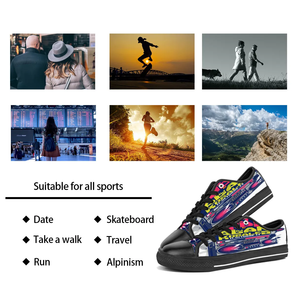 Anpassade skor klassisk duk lågskuren skateboard caseboard casual trippel svart acceptera anpassning UV -tryckning Låg män Kvinnors sportsneakers andningsbar färg 454