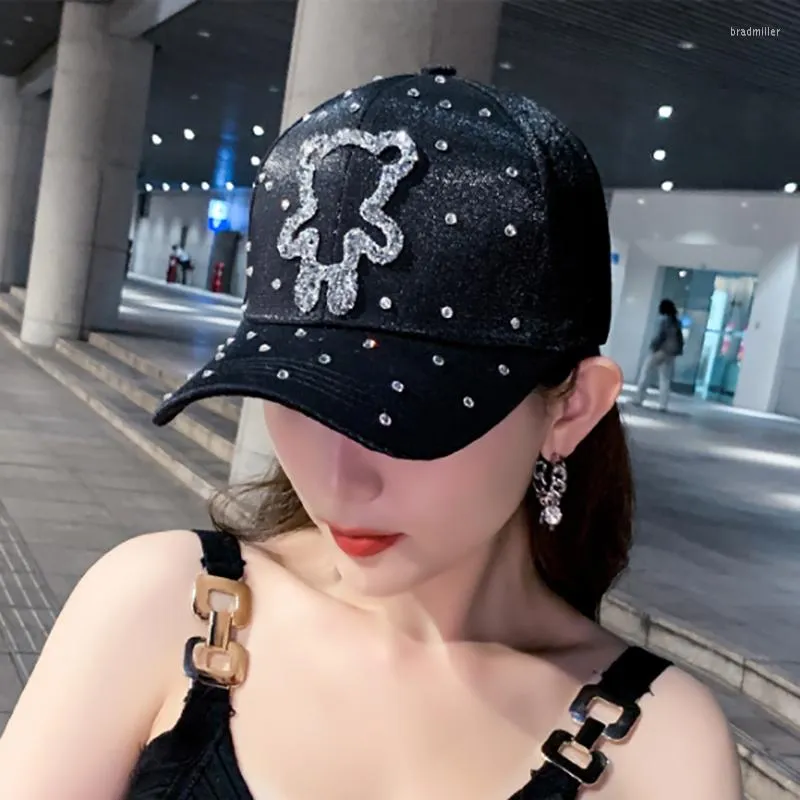 Casquettes de baseball chapeau femme 2022 automne/hiver mode strass ours casquette de Baseball mignon décontracté fille mince Snapback os rue hip-hop