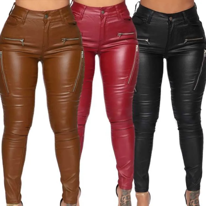 Women's Leggings Women Sexy Faux Leather Stretch Skinny Pants Mid Rise Solid Color Leggings Fake Zipper Detail Tight Trousers with Pocket T221020