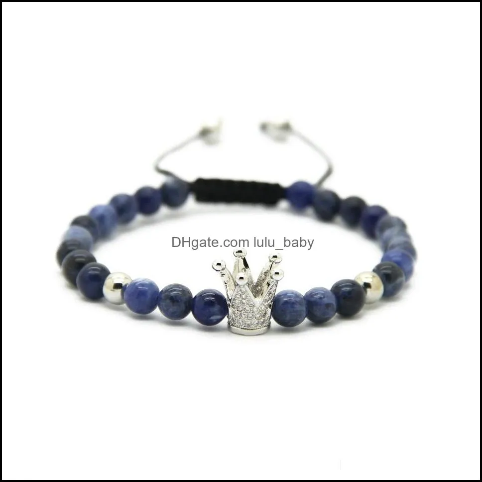 Braccialetti con ciondoli 6Mm Occhio di tigre naturale Diaspro grigio Bronzite Vene blu Perline di pietra Corona placcata oro e argento Bracciale intrecciato con zirconi Dro Dhpro