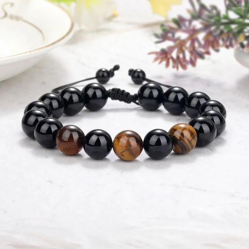 Strand Meetvii 8mm 10mm Tiger Eye Stone Beads Bracelet قابلة للتعديل سوار الحبل المضفر الأساور الطبيعية أساور توازن الزجاج الأسود