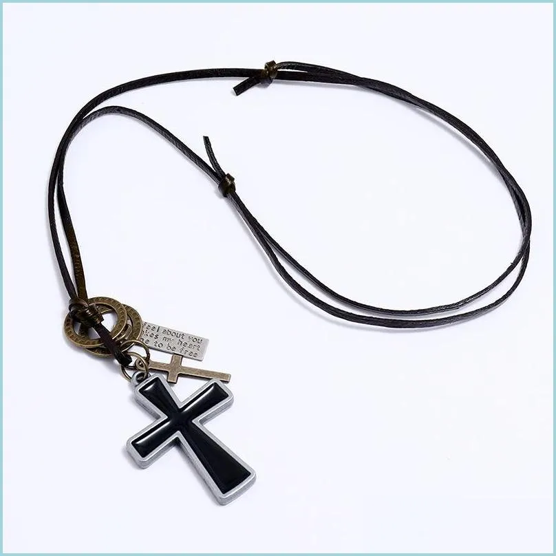 Pendant Necklaces Letter Id Enamel Jesus Cross Necklace Adjustable Leather Chain Pendant Necklaces For Women Men Punk Fashion Jewelr Dhs8O