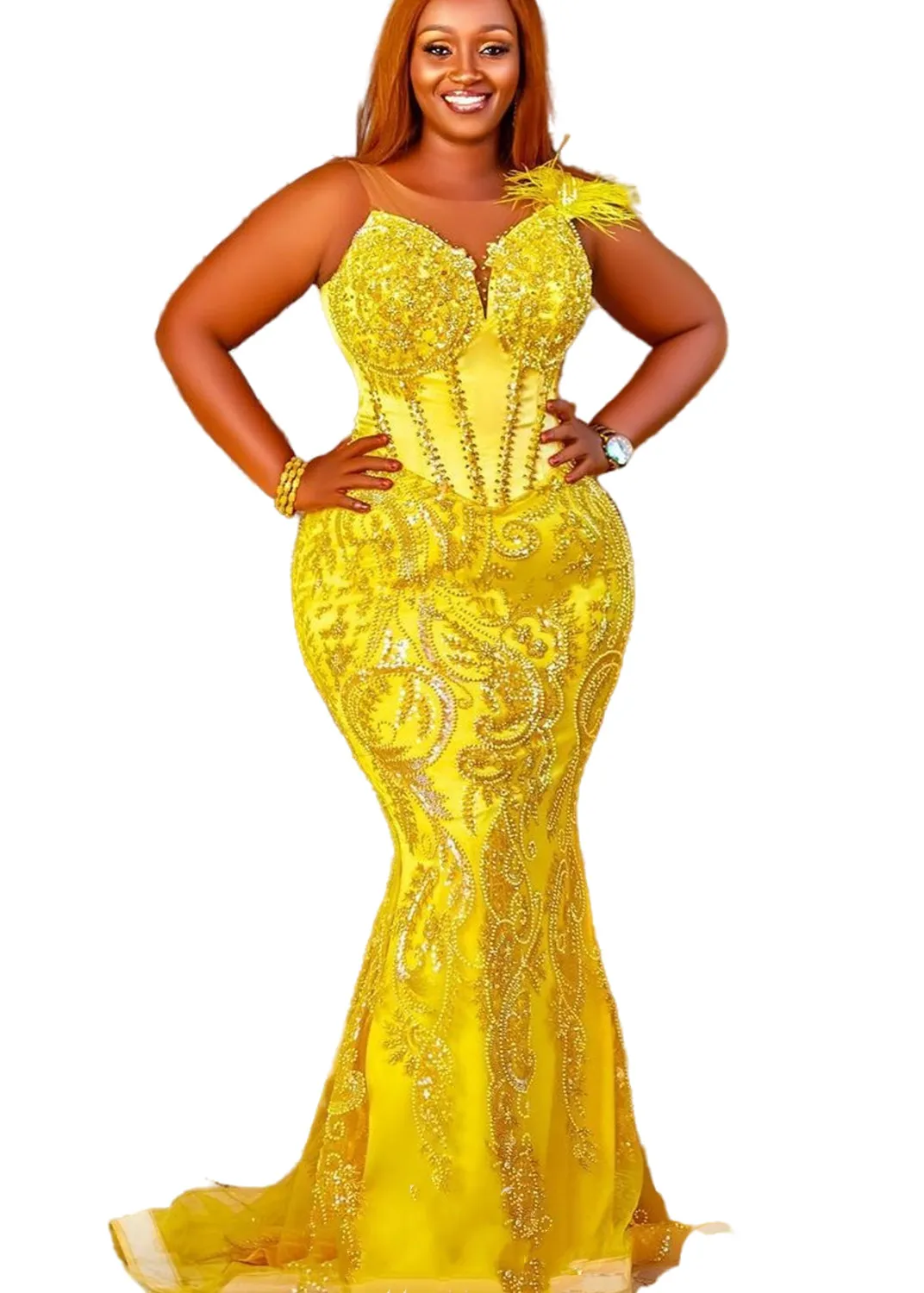 Arabic Yellow Mermaid Yellow Prom Dresses 2023 With Sequined Lace And