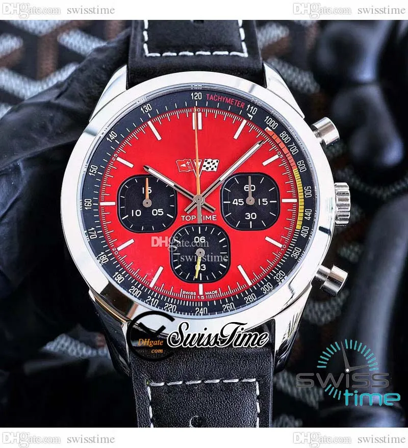 Top Time Shelby Cobra Quartz Chronograph Mens Watch A41315A71C1X2 Steel Case Red Dial Stick Markers Black Leather Strap Stopwatch Swisstime C141d4