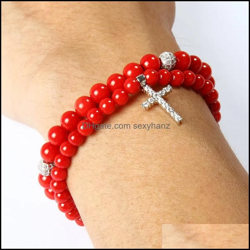 Charm Bracelets Easter Jewelry Wholesale 5Mm A Grade Dyed Red Coral Stone Clear Cz Jesus Cross Beaded Bracelet For Lover Gift Drop D Dhwkx