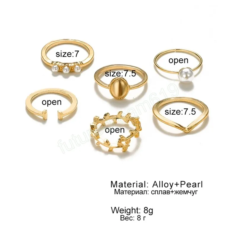 Anelli a forma di goccia d'acqua color oro Set Anelli di perle con foglie di moda accessori gioielli da dito vintage da donna