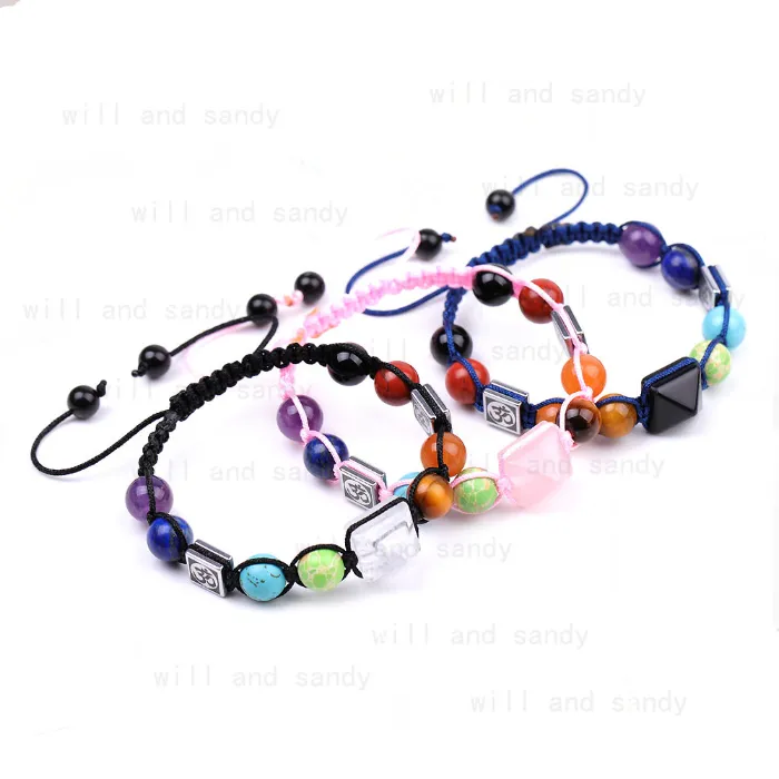 Pulseira de pirâmide de pedra natural com contas quadradas transparentes de quartzo 7 chakra Yoga Strand Lapis Lazuli Ametista trançada pulseiras de cura para mulheres joias da moda