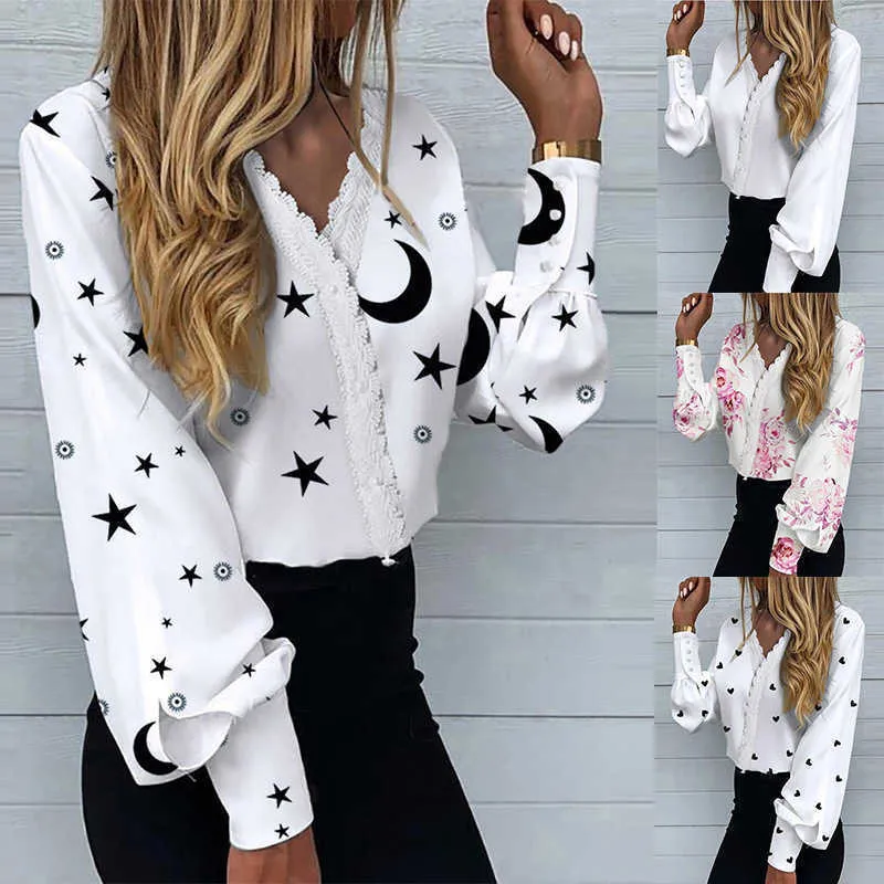 Women's T-Shirt 2022 Summer Autumn Women's Elegant Fashion Printed Lace Casual Shirt Casaul V Neck Floral Printed Long Sleeve T-shirt New Blouse T220923