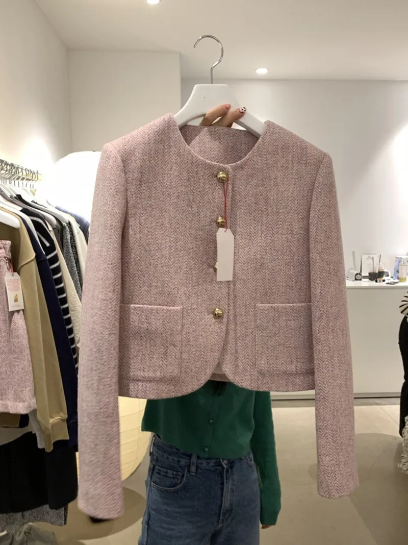 Kvinnors jackor kvinnor jacka o nacke långärmad rosa blazer jaqueta feminina ullrock chaquetas para mujer chic eleganta tweed kläder 221117