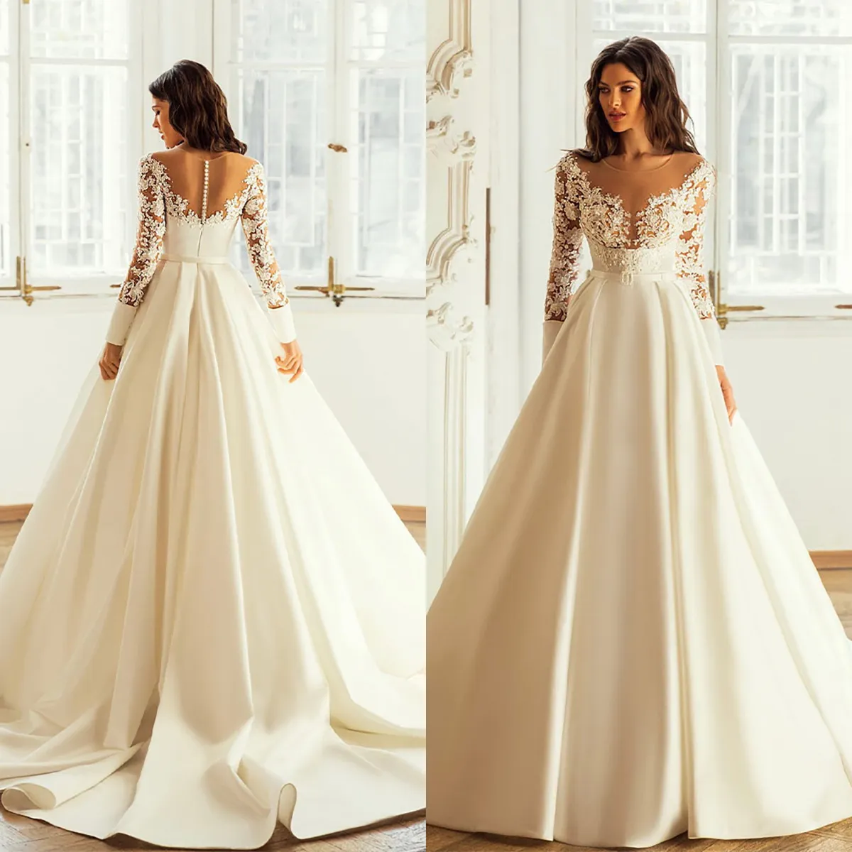 Elegant A-line Wedding Dresses Jewel Long Sleeves Belt Solid Color 3D Flower Applicant Stain Zipper Backless Court Gown Custom Made Plus Size Vestidos De Novia