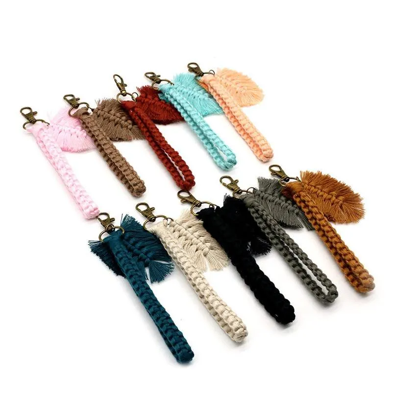 Keychains Lanyards Boho Handmade Woven Rame Keychain With Leaf Charm //Designer Bag Accessories //Key Ring Chain/Tiny Keyring Drop Dhgne