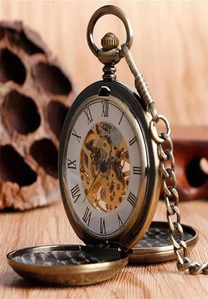 Luxury Silver Bronze Golden Pocket Watch Vintage Skeleton Hand Winding Mechanical Watches Double Hunter Case FOB Pendant Chain286Y298u