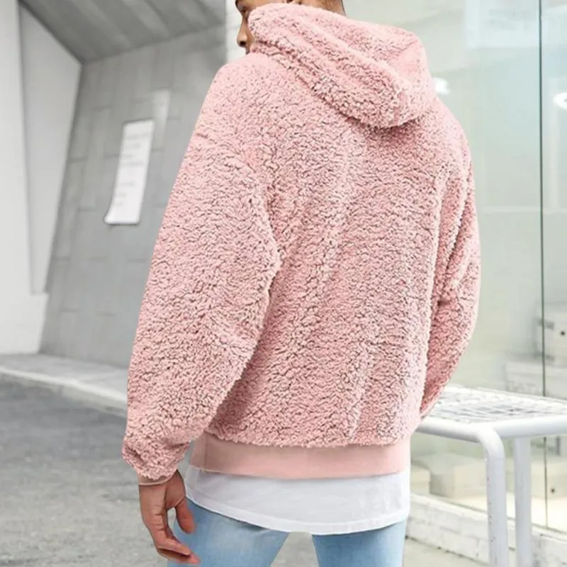 Men's Hoodies Trendy Winter Hoodie Streetwear Men Solid Color Cozy Plush Thick