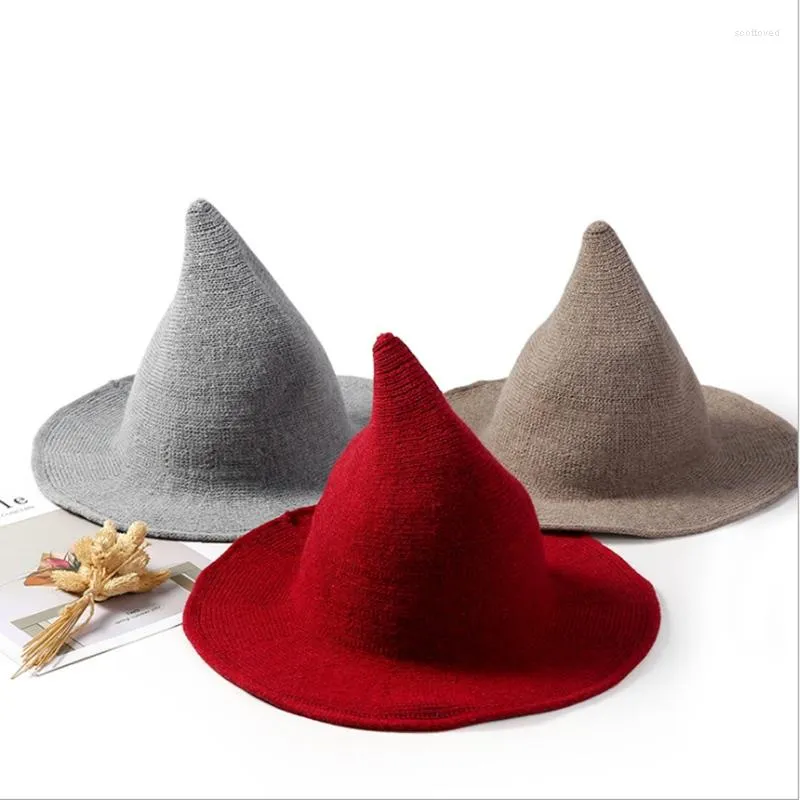 Berets WZCX 2022 Halloween Knitted Wool Solid Color Witch Hat Korean Version Autumn Winter Christmas Fisherman'S Pointed Cap
