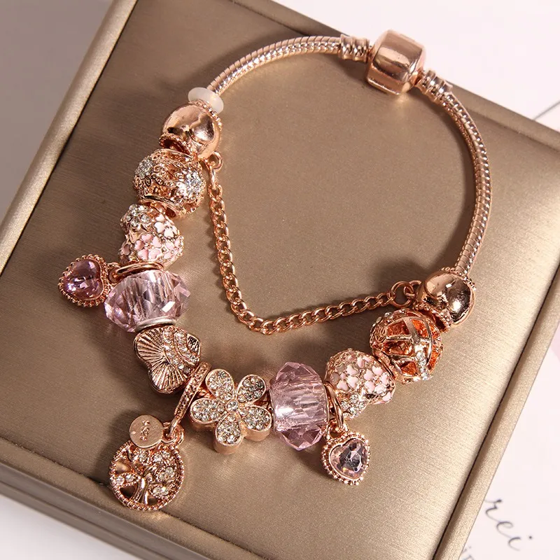 2022 New Charm Bracelet Rose Gold Five Petals Flower Pendant Pink Murano Glass European Charm Beads Heart Beads Bangle Fits  Charm Bracelets & Necklace