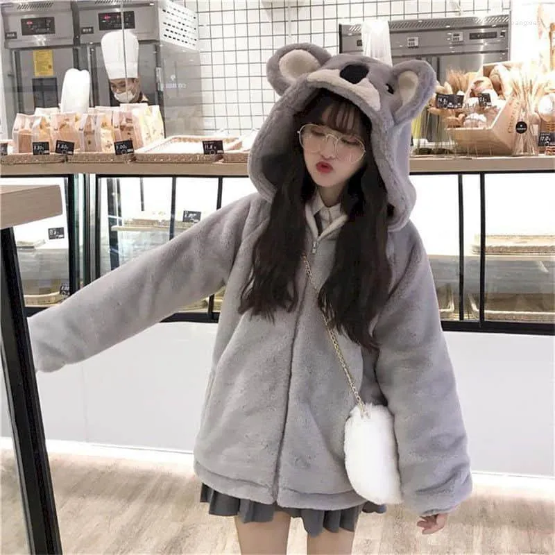 Trench da donna Studente Ispessito Giacca di pelliccia Ragazza Peluche Stile femminile Giapponese Morbido 2022 Inverno Carino Koala Orecchio con cappuccio