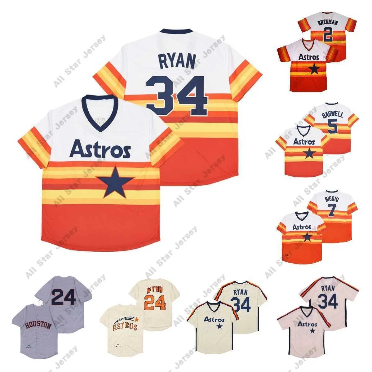 Baseball-Trikots Vintage Nolan Ryan Baseball-Trikot 1969 1971 1980 Heim-Auswärts-Regenbogen-Grau-Creme-Pullover mit Knopfleiste