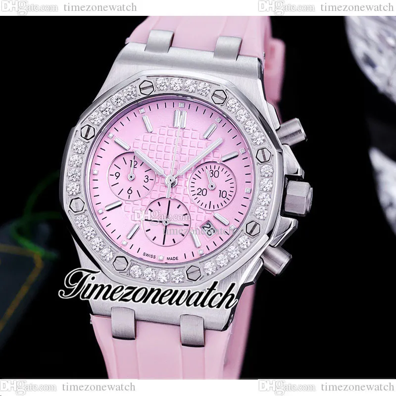 Nowy 37 mm 26231 Miyota Quartz Chronograph Women Watch Pink Tekstura Wybierz Stopu Stal Diamond Bezel Róż Gumowy pasek Moda Watches TimeZoneWeatch E241