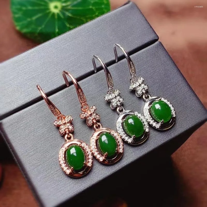 Kolczyki Dangle Fashion Green Jade zwisające kolczyki z haczykiem dla kobiet srebrna biżuteria naturalna dobra kunsztat Lucky Gem Birthday Gift