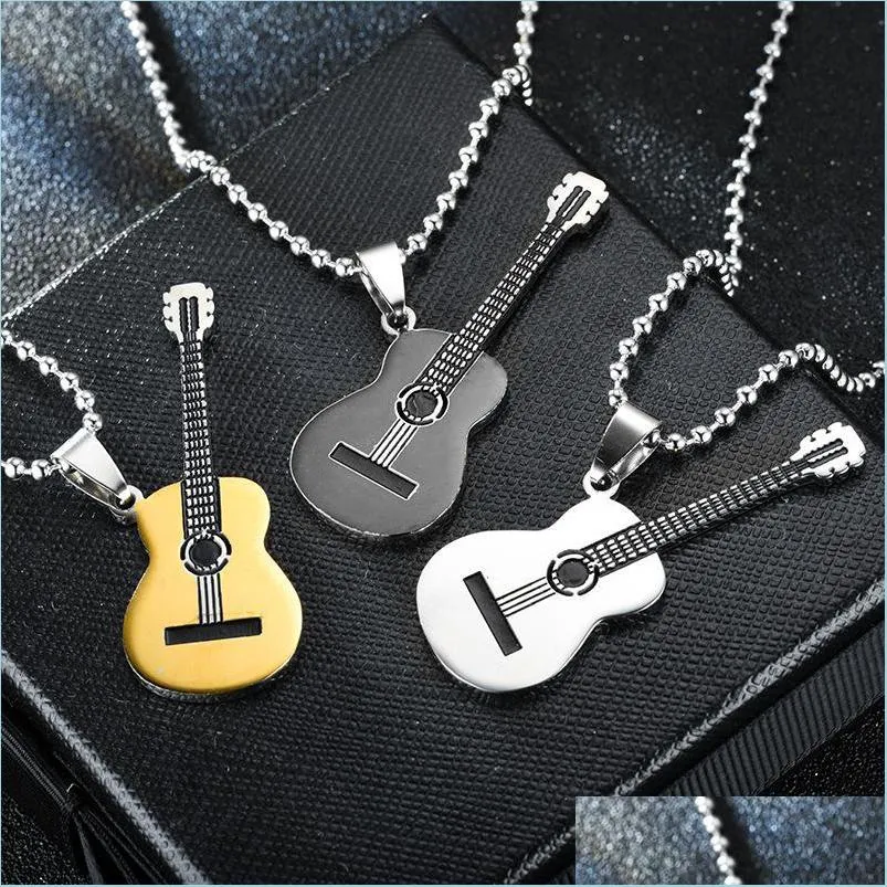 Pendentif Colliers En Acier Inoxydable Musique Guitare Pendentif Collier Femmes Hommes Colliers Noir Or Hip Hop Mode Bijoux Cadeau Drop De Dh4Z7