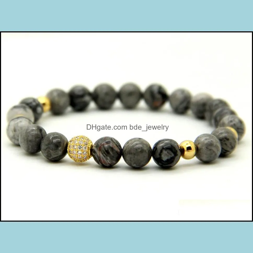 Charm Bracelets 1Pcs High Grade Jewelry 8Mm Grey Picture Jasper Stone Beads Micro Pave Black And Gold Cz Bracelets Mens Gift Drop Del Dhzjo