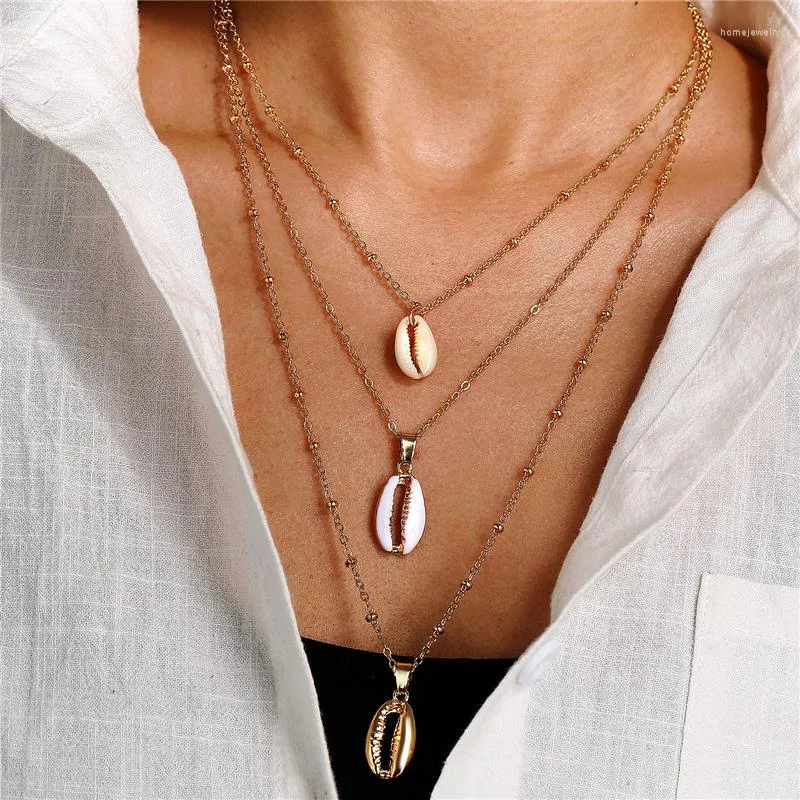 Moda de gargantilha Três camadas de colar de pingente de concha de ouro natural para mulheres amigas do mar Bohemian Jewelry Gift