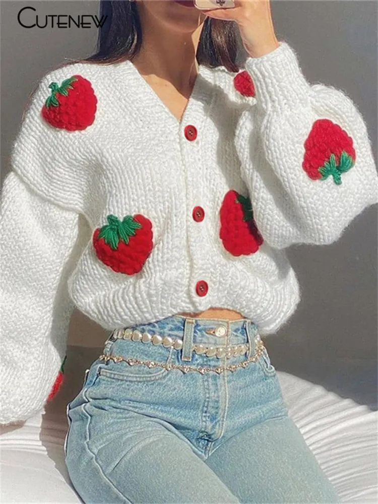 Maglieria da donna Tees Cute Strawberry Kintted Manica lunga Sciolto Cappotto monopetto Donna Autunno Moda Addensare Caldo Cardigan Maglione Streetwear 221117