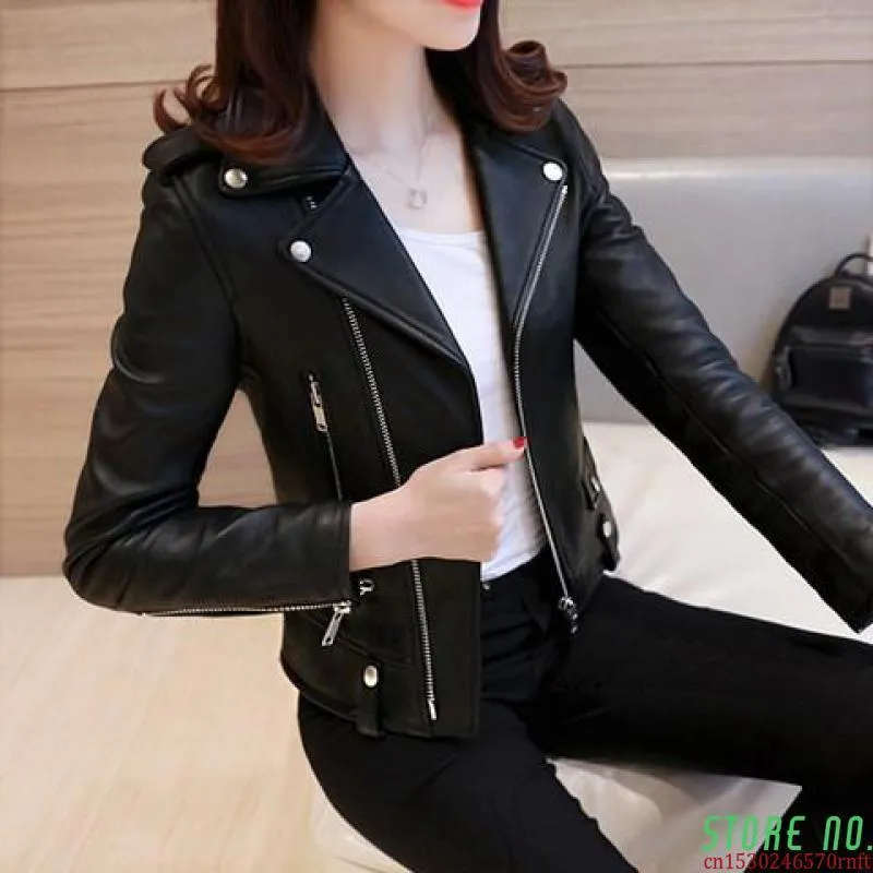 Women's Leather Faux Autumn Winter Short Motorcycle Pu Jacket Lapel Solid Color Zipper Long Sleeve Small Coat 221117