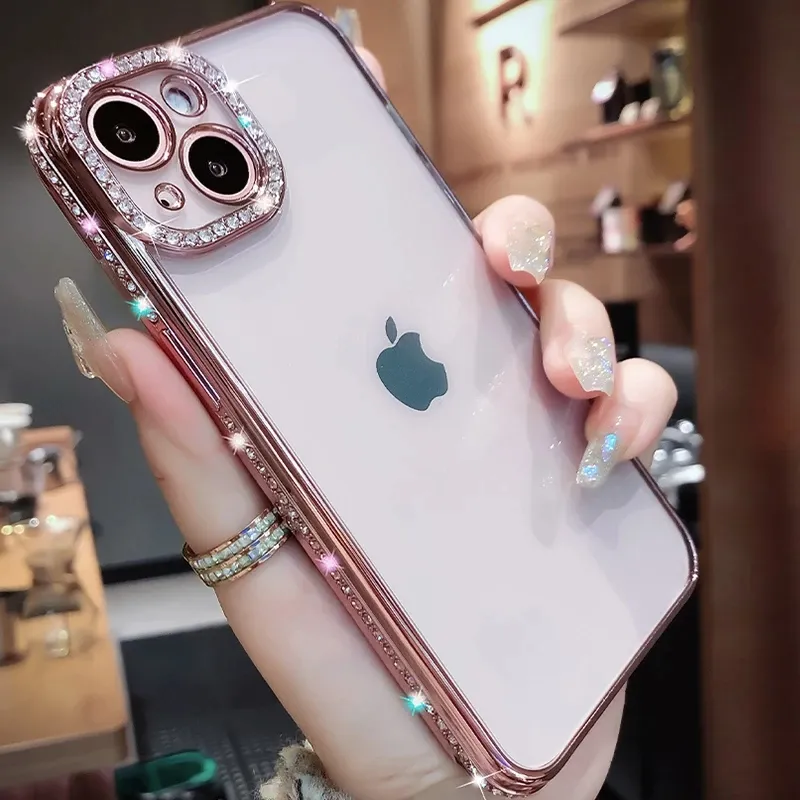 Luxe hoesjes Diamond Bumper Plating Transparant hoesje voor iPhone 15 14 Plus 13 12 11 Pro Max x xs xr 7 8 plus Meisje Vrouwelijke Zachte siliconen schokbestendige hoes