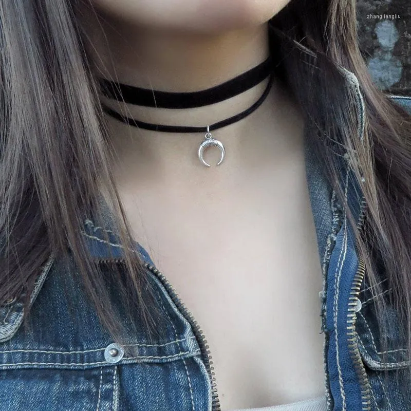 Choker Crescent Moon Necklace Double Wrap Black Dainty Layer