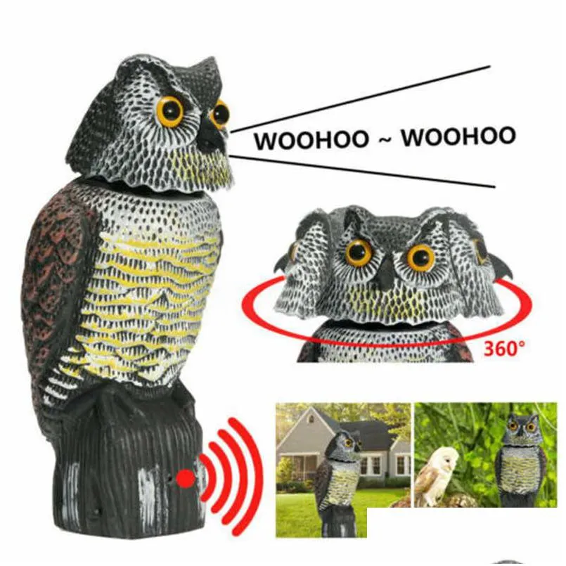 Garden Decorations Realistic Bird Scarer Rotating Head Sound Owl Prowler Decoy Protection Repellent Pest Control Scarecrow Moving Ga Dhyoz