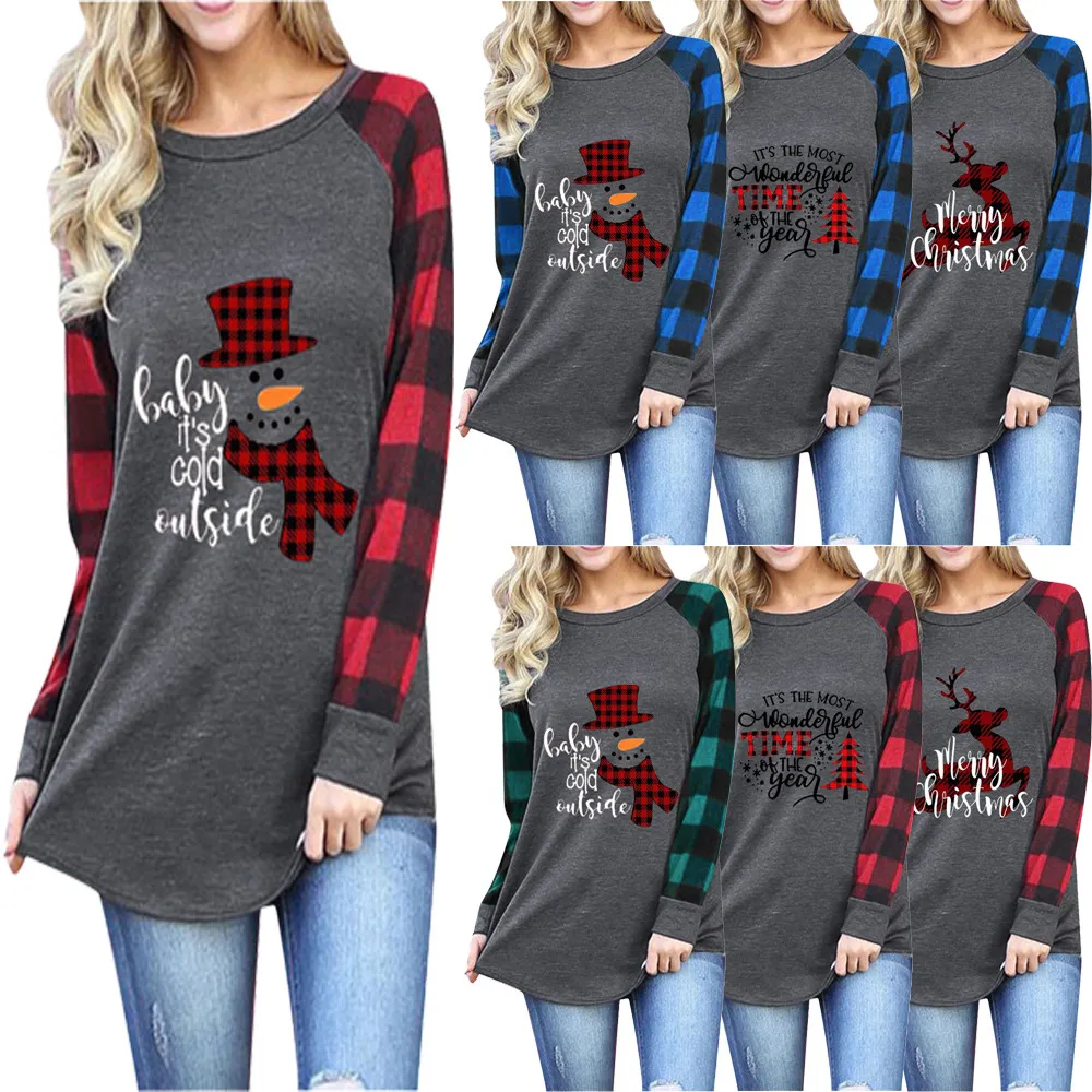 Julkvinnor Plaid Pullover Sweatshirt Maternity Tops Round Neck T-shirt Autumn Winter Long Sleeves Gitter Hoodie Snowman Printed tröja kläder Z006