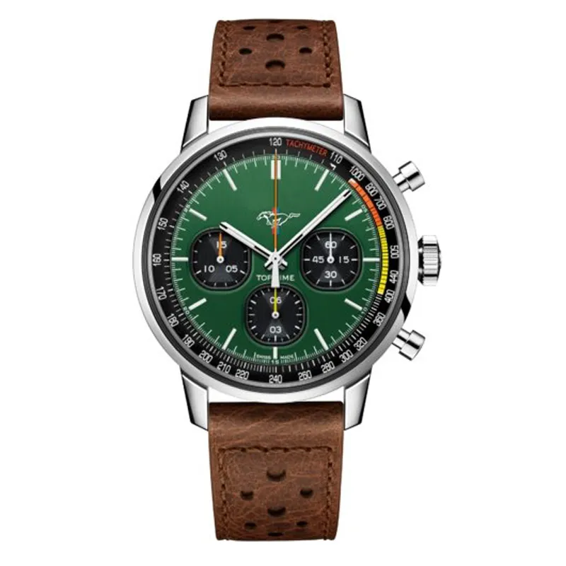 Top Time Deus Miyota Quarz-Chronograph Herrenuhr A233101A1A1X1, Stahlgehäuse, weißes schwarzes Zifferblatt, Strichmarkierungen, braunes Lederarmband Sto319W