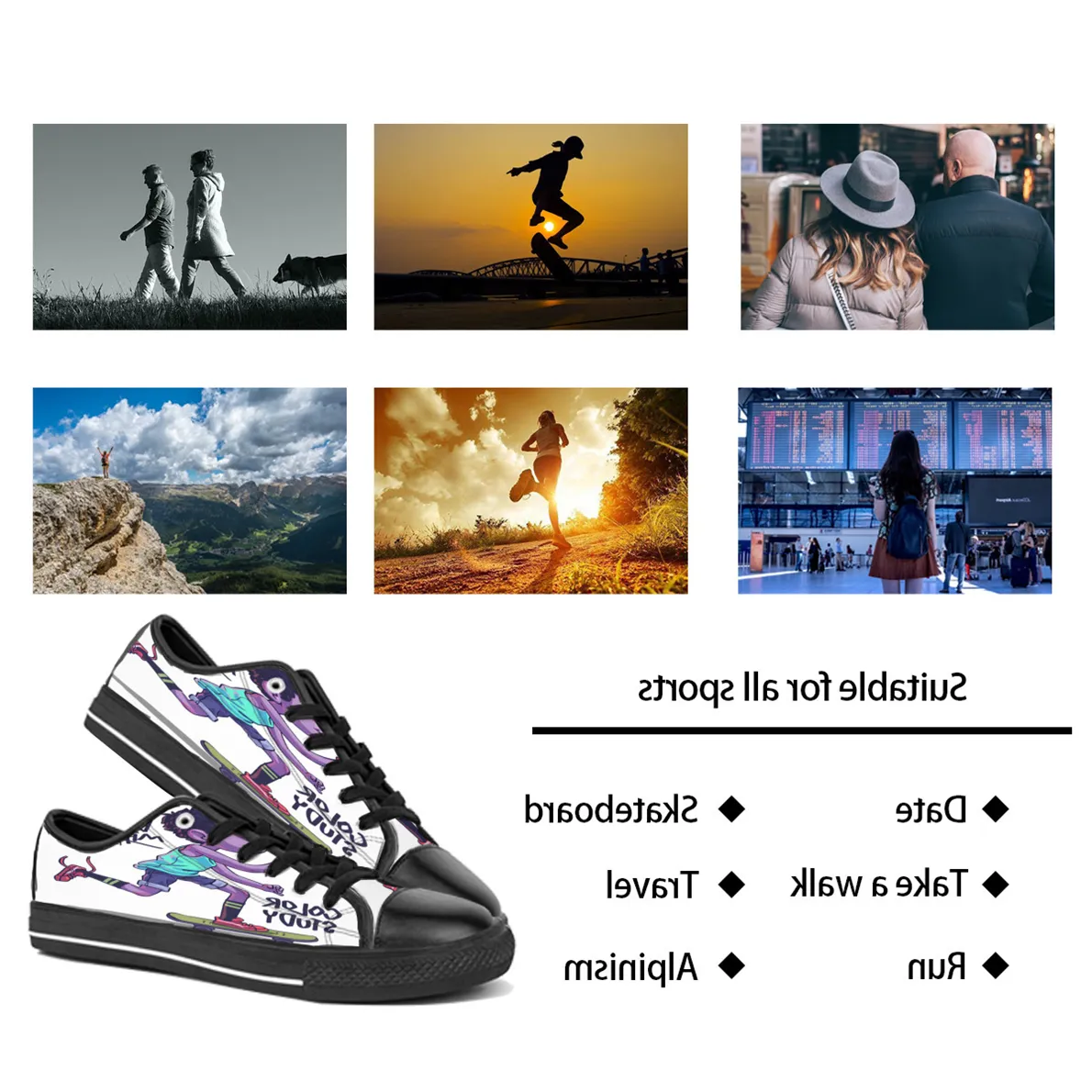 Uomo Donna Scarpe personalizzate fai-da-te Scarpe basse in tela Skateboard Triple nero Personalizzazione Stampa UV Sneakers sportive Kele149
