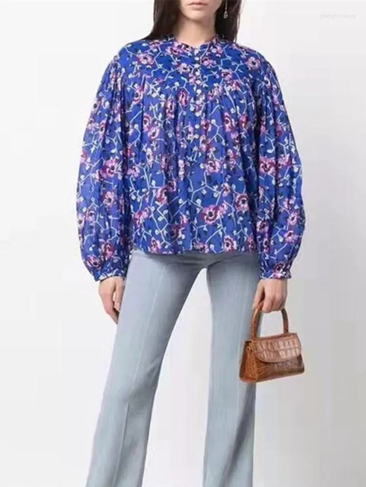 Polos para mujer, primavera 2022, camisa de manga larga de algodón para mujer, blusa holgada con botones delanteros y cuello redondo con estampado Floral para mujer