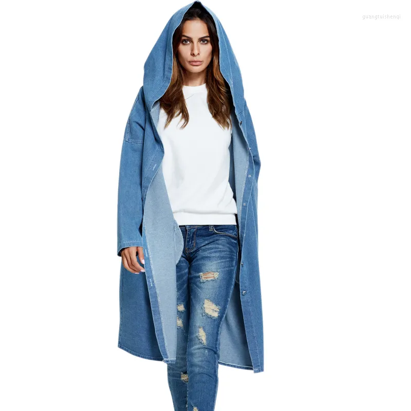 Korki damskie płaszcze z kapturem długą swetra dżinsowa jesienna zima kobiety w stylu ulicznym płaszcz z rękawem moda jasnoniebieski luźny wiatraka