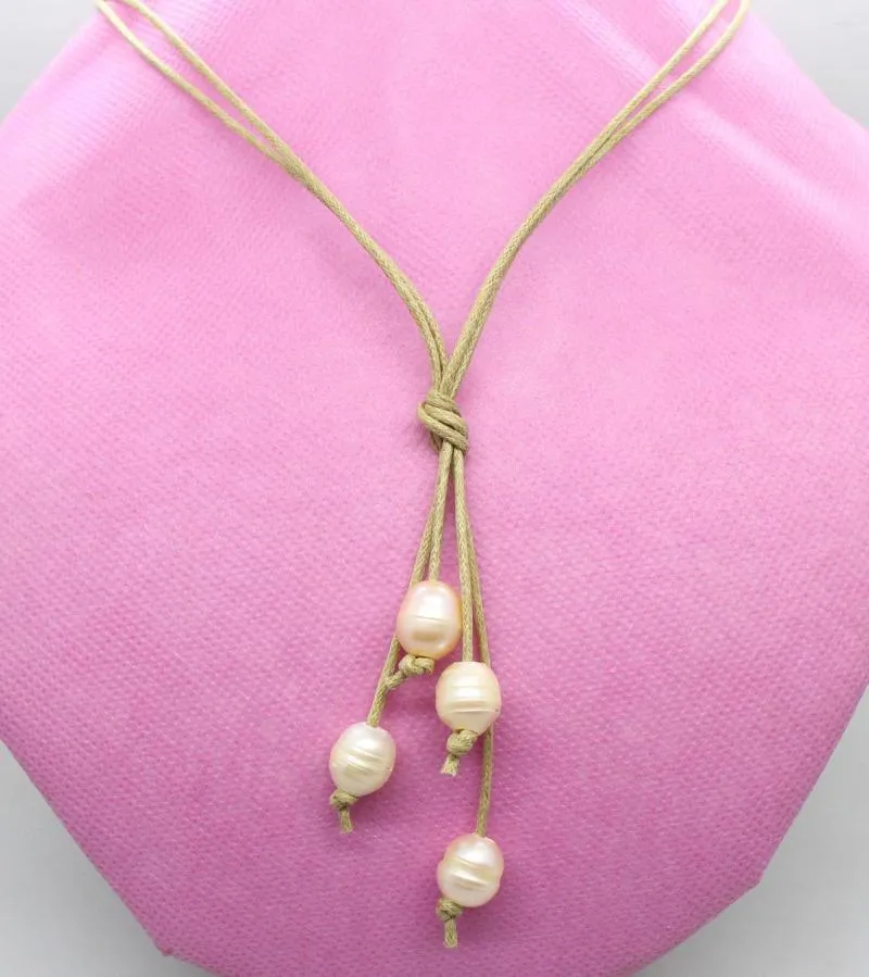 Choker Beauty Pink Growth Drop Pearl 10mmx12mm 4beads Necklace 20inches Brown Rope Pendant